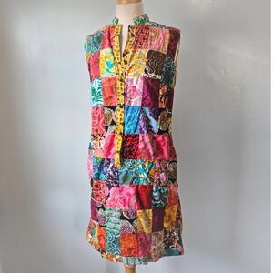 Vtg 60s Patchwork Quilt Sleeveless Shift Dress Mandarin Collar Multi-Color 14